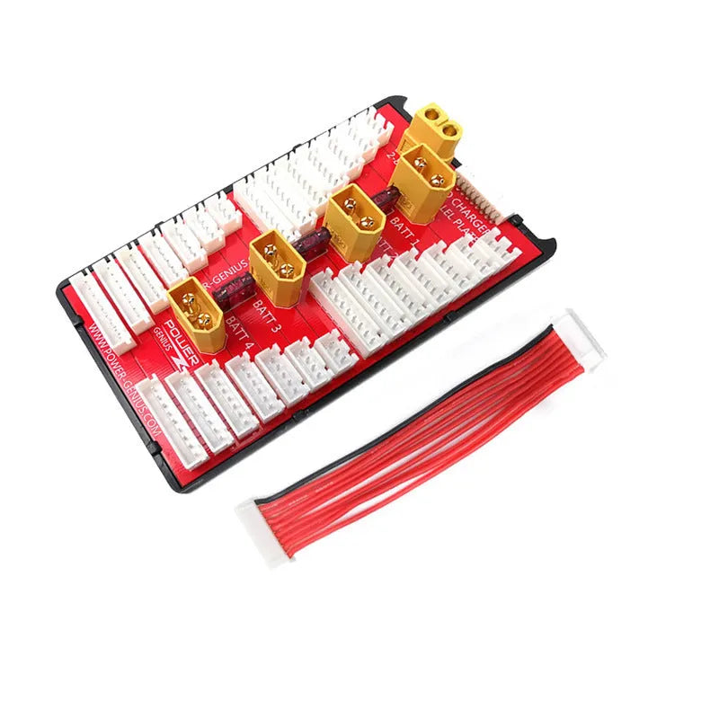 V2 parallel charge board with red PCB, gold-plated connectors, and silicone caps for charging multiple lithium batteries