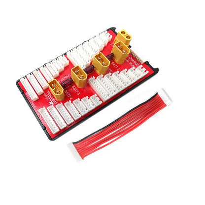 V2 parallel charge board with red PCB, gold-plated connectors, and silicone caps for charging multiple lithium batteries