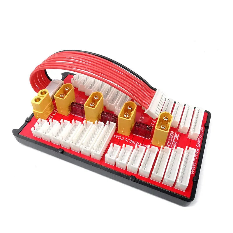 V2 parallel charge board with red PCB, gold-plated connectors, and silicone caps for charging multiple lithium batteries