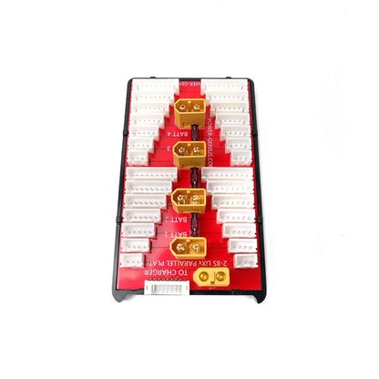 V2 parallel charge board with red PCB, gold-plated connectors, and silicone caps for charging multiple lithium batteries