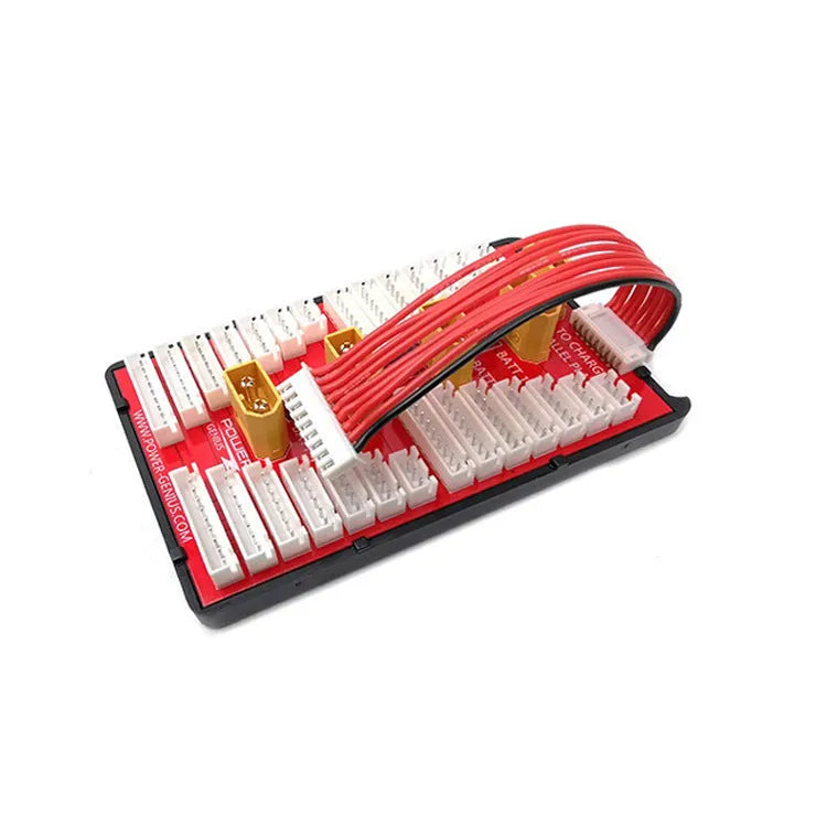V2 parallel charge board with red PCB, gold-plated connectors, and silicone caps for charging multiple lithium batteries