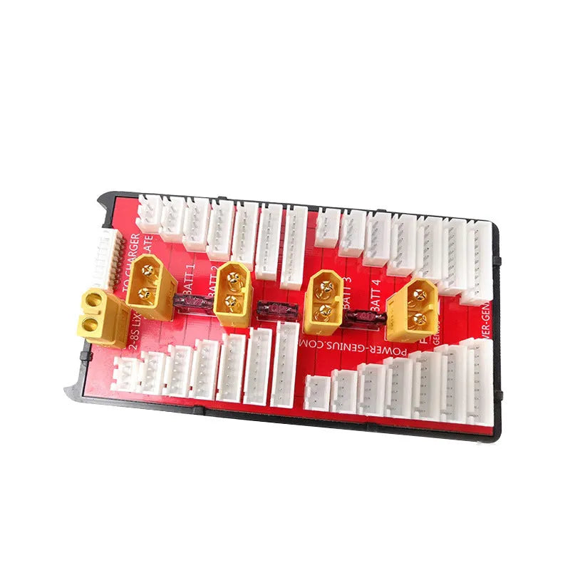 V2 parallel charge board with red PCB, gold-plated connectors, and silicone caps for charging multiple lithium batteries