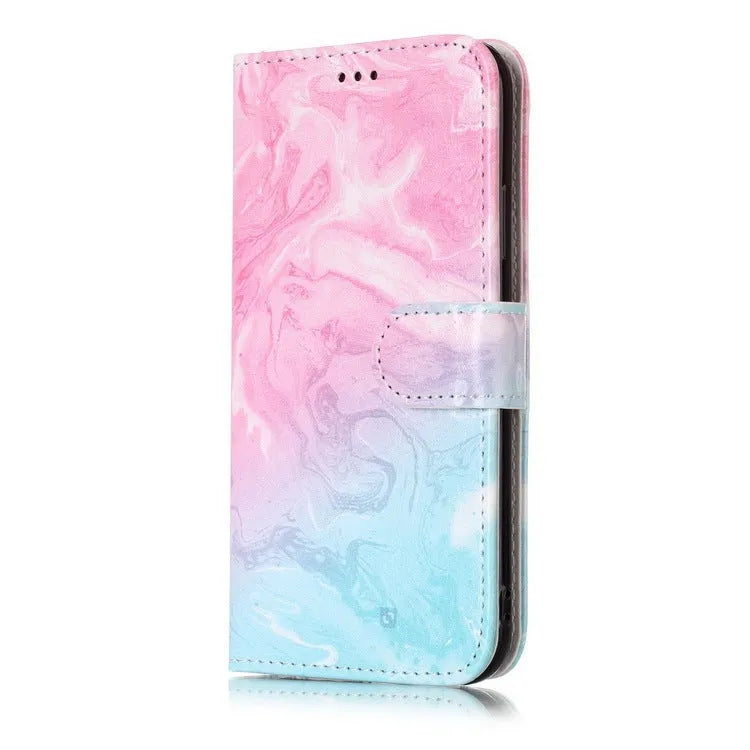 Marble pattern flip wallet iPhone case with 3D cartoon animal design, shown closed and open.