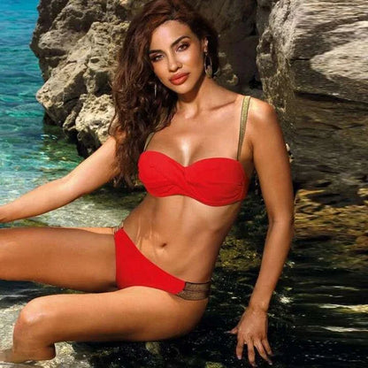 Stylish bandeau bikini set in various colors, including white, red, green, black, purple, wine red, and army green