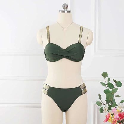 Stylish bandeau bikini set in various colors, including white, red, green, black, purple, wine red, and army green