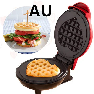 Red mini waffle maker with 16cm cooking surface, compact design for UK kitchens