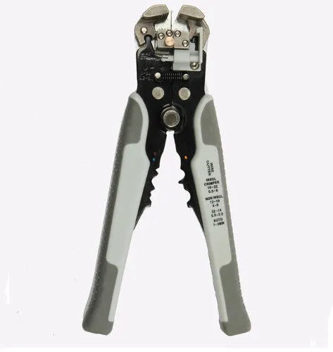 Yellow automatic 3-in-1 wire stripper and crimping plier tool on a workbench