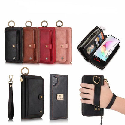 Black PU leather zipper wallet case open next to a Samsung Galaxy phone.