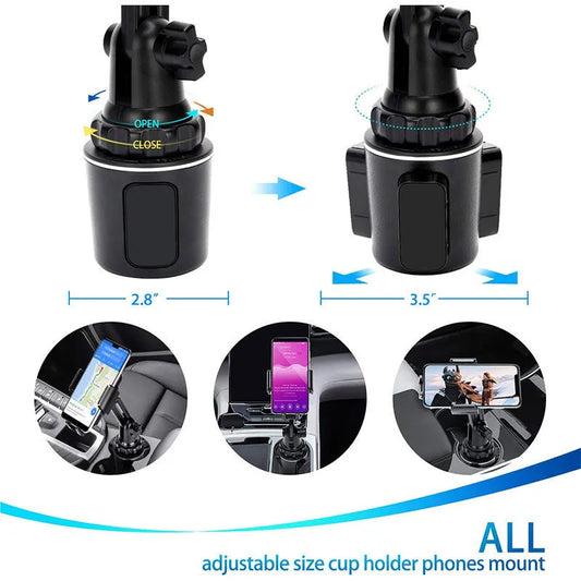 Black car phone holder with 360-degree rotation and adjustable height for mobile devices
