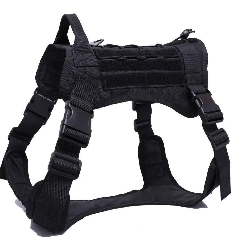 Military tactical dog harness with 360-degree handle and MOLLE webbing in camouflage pattern