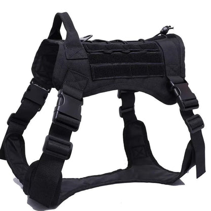 Military tactical dog harness with 360-degree handle and MOLLE webbing in camouflage pattern