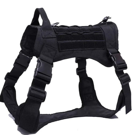 Military tactical dog harness with 360-degree handle and MOLLE webbing in camouflage pattern