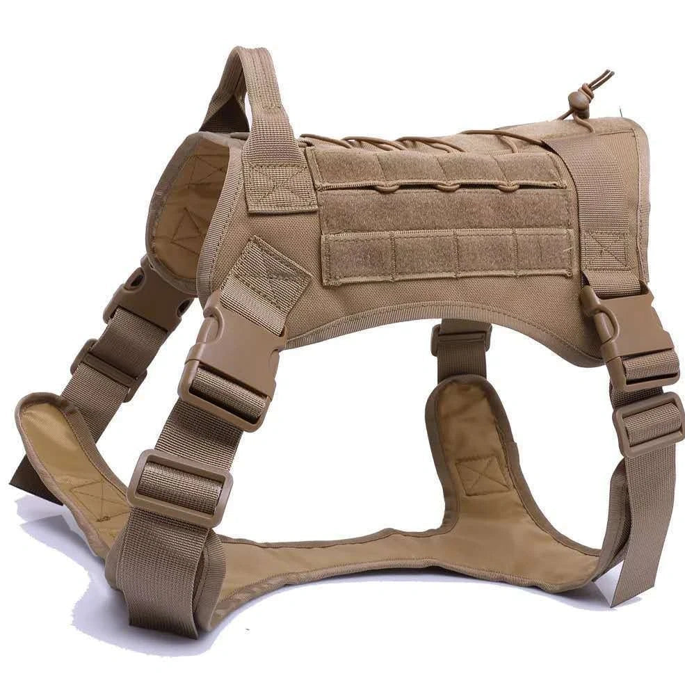 Military tactical dog harness with 360-degree handle and MOLLE webbing in camouflage pattern