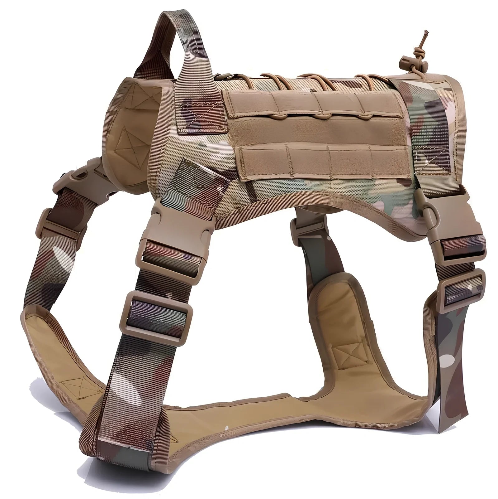 Military tactical dog harness with 360-degree handle and MOLLE webbing in camouflage pattern