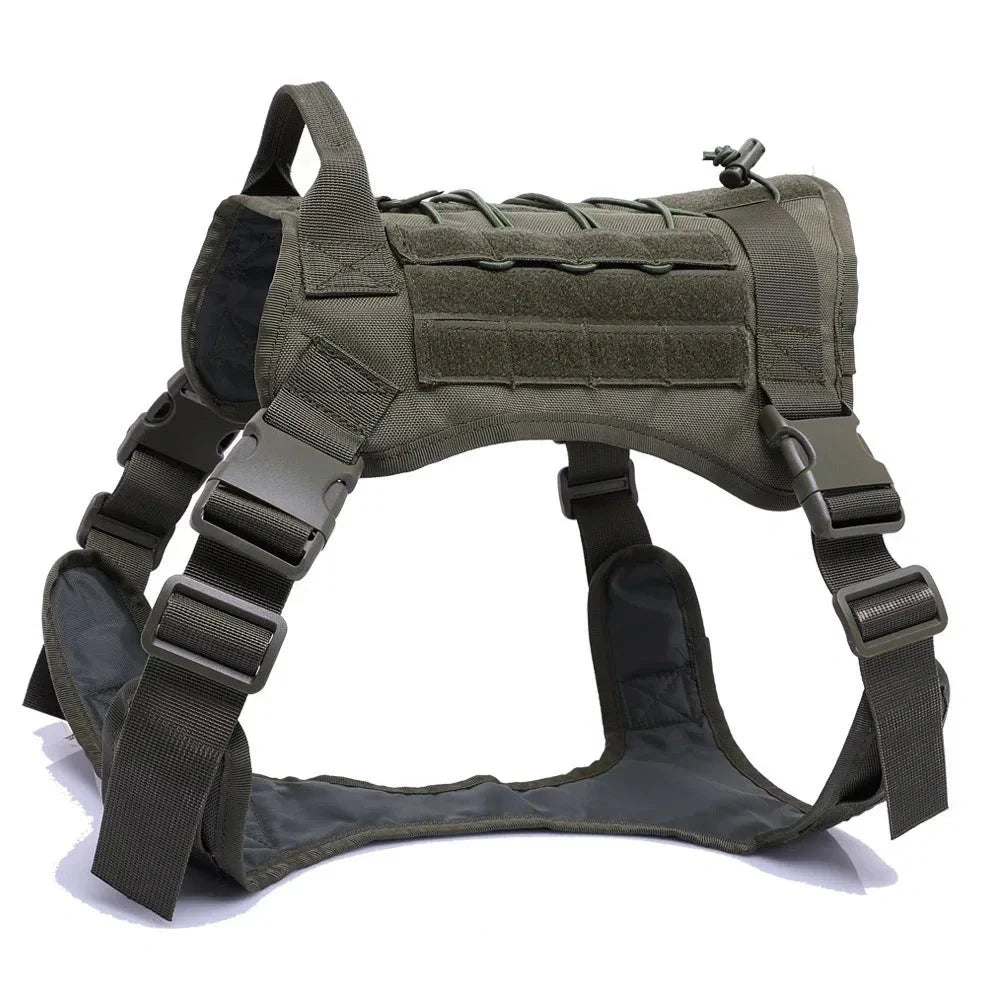 Military tactical dog harness with 360-degree handle and MOLLE webbing in camouflage pattern