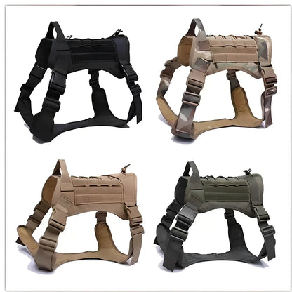 Military tactical dog harness with 360-degree handle and MOLLE webbing in camouflage pattern