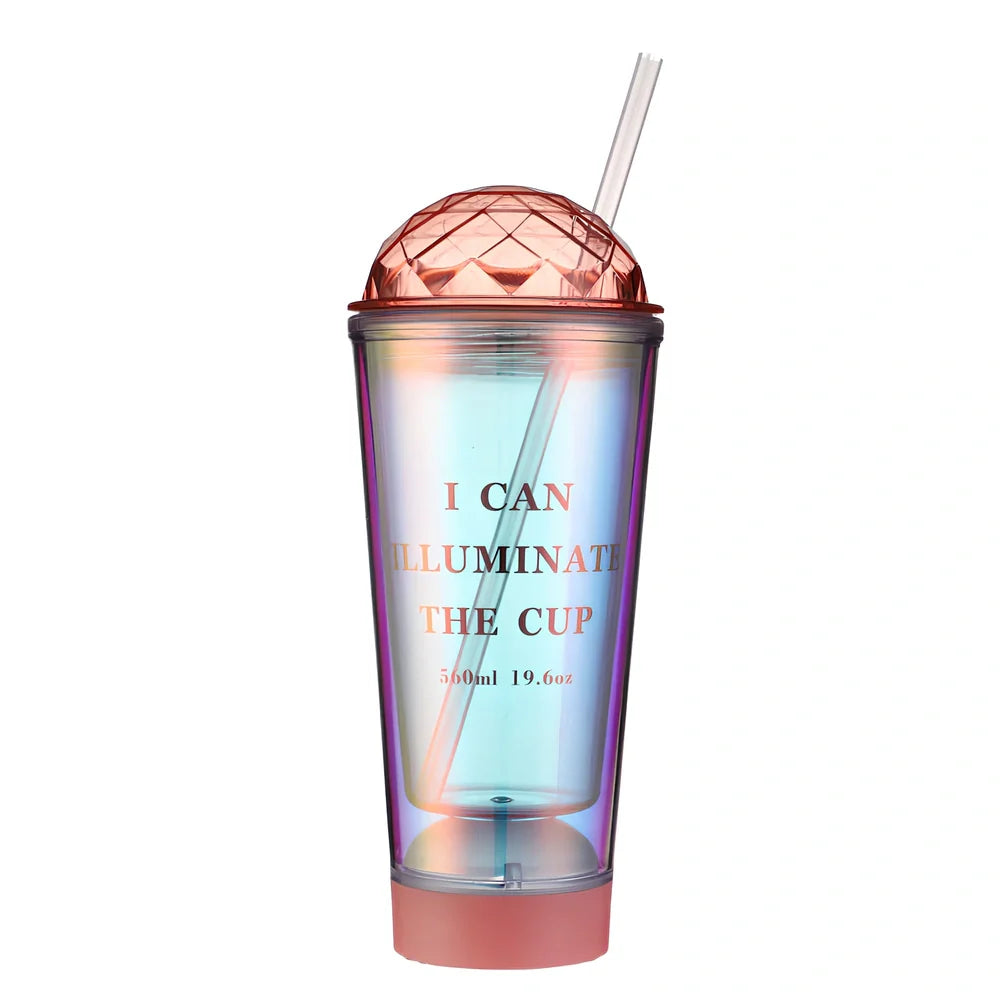 Plastic drink cup with colour gradient effect and double straws, 560ml capacity