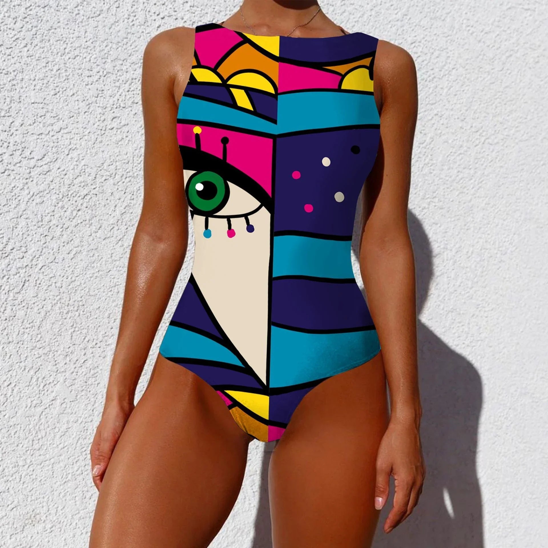 Stylish one-piece swimsuit featuring a bold, vintage-inspired abstract print in a variety of vibrant color options