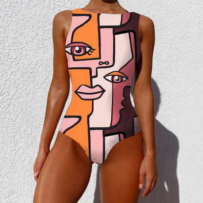 Stylish one-piece swimsuit featuring a bold, vintage-inspired abstract print in a variety of vibrant color options
