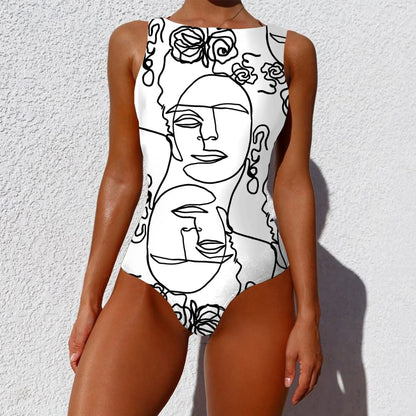Stylish one-piece swimsuit featuring a bold, vintage-inspired abstract print in a variety of vibrant color options