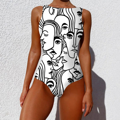 Stylish one-piece swimsuit featuring a bold, vintage-inspired abstract print in a variety of vibrant color options