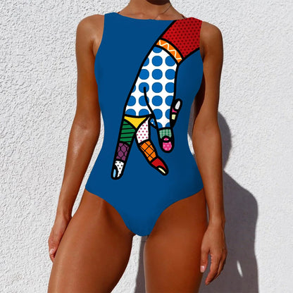 Stylish one-piece swimsuit featuring a bold, vintage-inspired abstract print in a variety of vibrant color options