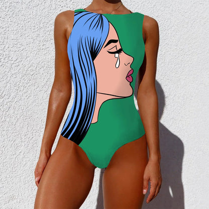 Stylish one-piece swimsuit featuring a bold, vintage-inspired abstract print in a variety of vibrant color options