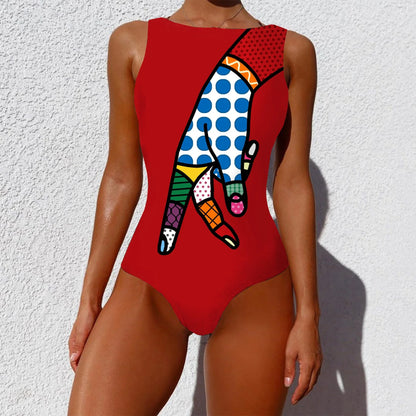 Stylish one-piece swimsuit featuring a bold, vintage-inspired abstract print in a variety of vibrant color options