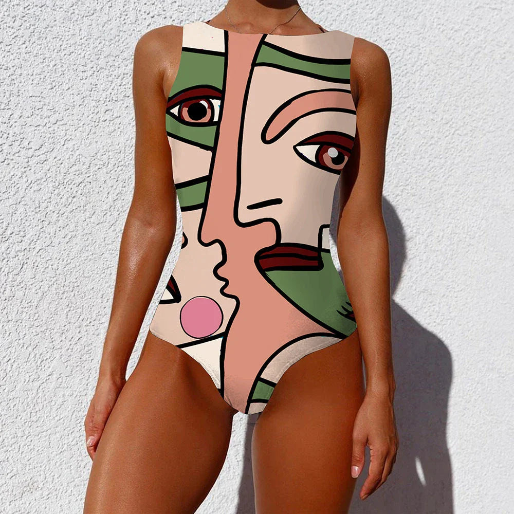 Stylish one-piece swimsuit featuring a bold, vintage-inspired abstract print in a variety of vibrant color options
