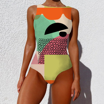 Stylish one-piece swimsuit featuring a bold, vintage-inspired abstract print in a variety of vibrant color options