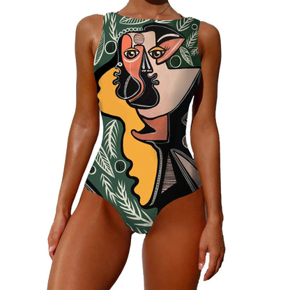 Stylish one-piece swimsuit featuring a bold, vintage-inspired abstract print in a variety of vibrant color options