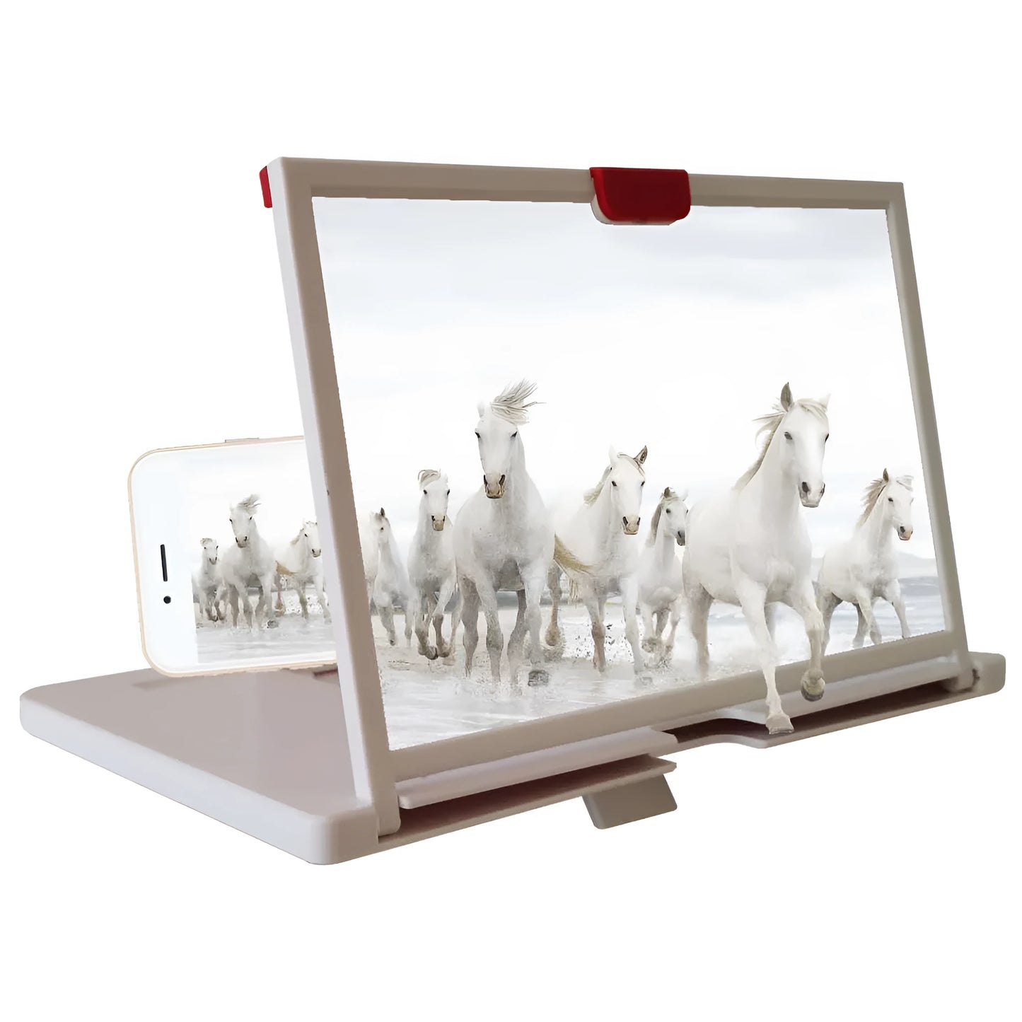 Desktop mobile phone screen magnifier holder showing 3D HD magnification and anti-blue light feature in black colour