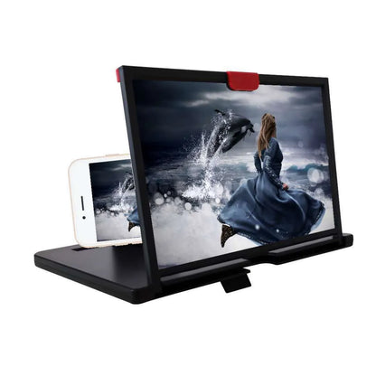 Desktop mobile phone screen magnifier holder showing 3D HD magnification and anti-blue light feature in black colour