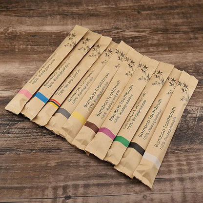 10 bamboo toothbrushes with charcoal bristles in multiple colours including green, purple, yellow, white, grey and black