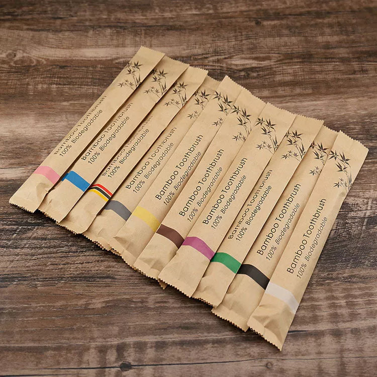 Eco-friendly flat bamboo toothbrush with kraft paper bag in assorted colors