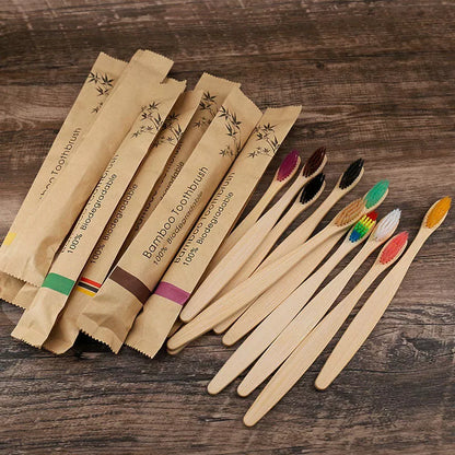 Eco-friendly flat bamboo toothbrush with kraft paper bag in assorted colors