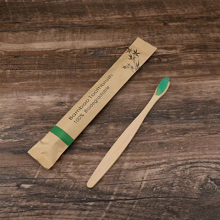 Eco-friendly flat bamboo toothbrush with kraft paper bag in assorted colors