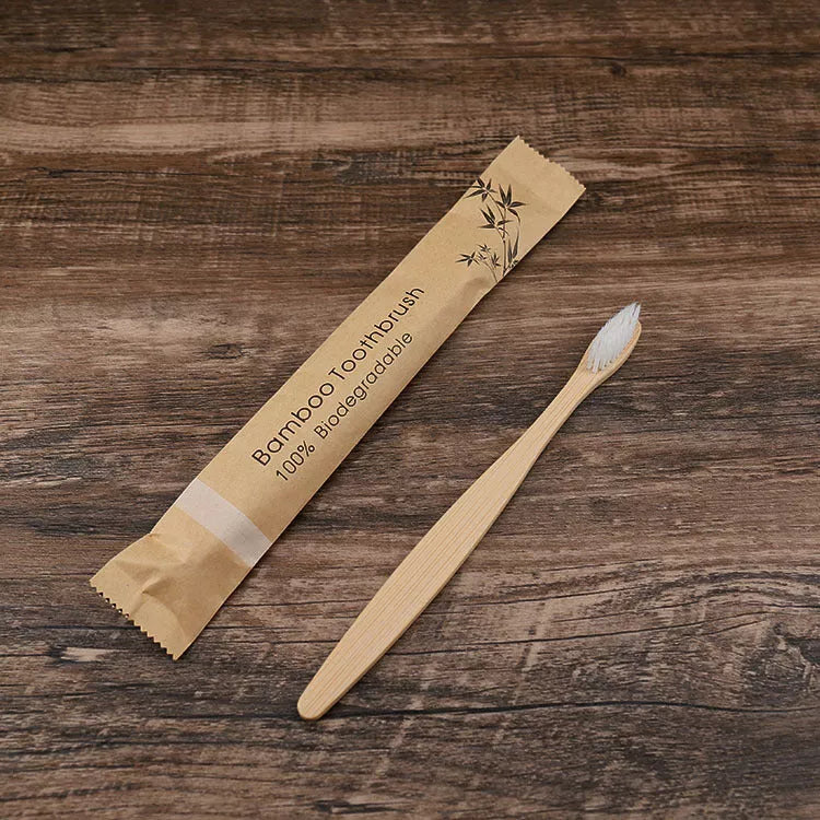 Eco-friendly flat bamboo toothbrush with kraft paper bag in assorted colors