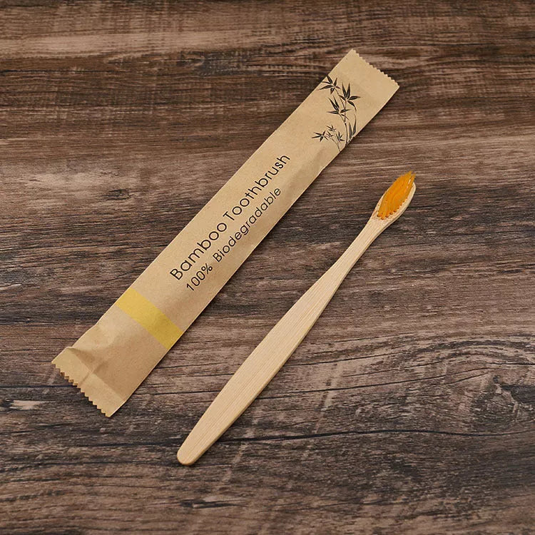 Eco-friendly flat bamboo toothbrush with kraft paper bag in assorted colors