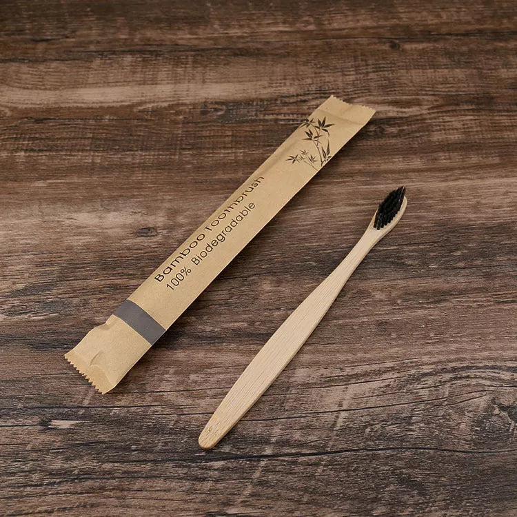 Eco-friendly flat bamboo toothbrush with kraft paper bag in assorted colors