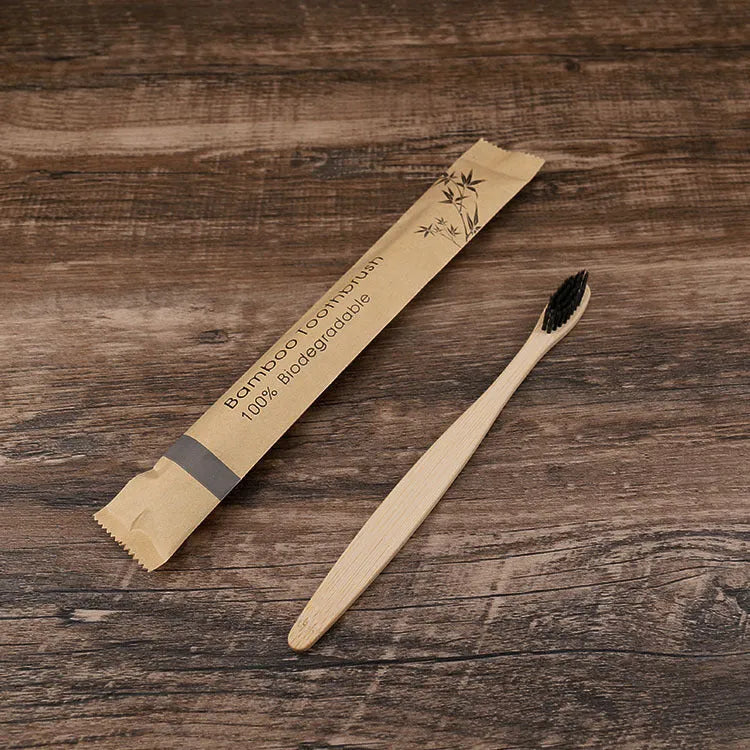10 bamboo toothbrushes with charcoal bristles in multiple colours including green, purple, yellow, white, grey and black