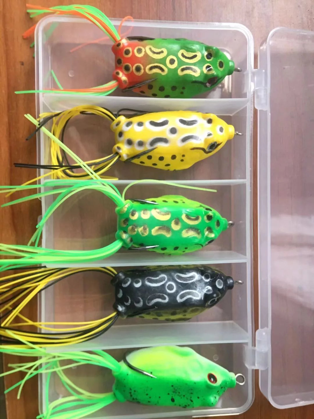PVC pond fishing bait simulation in green, tachibana, light green pockmark, black, and yellow