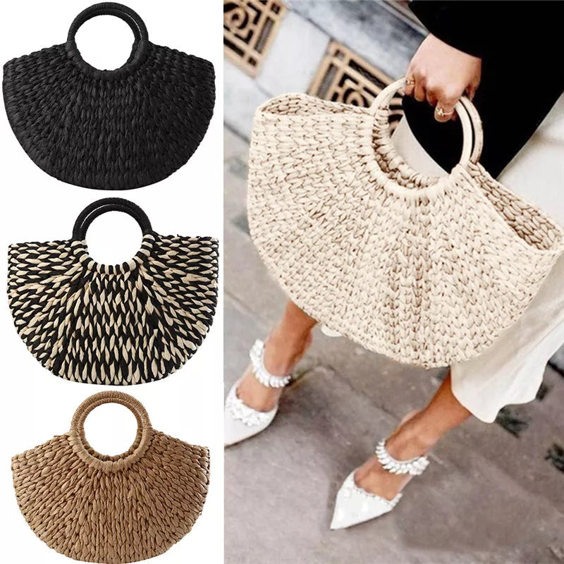 Retro rattan woven handbag with large capacity for women