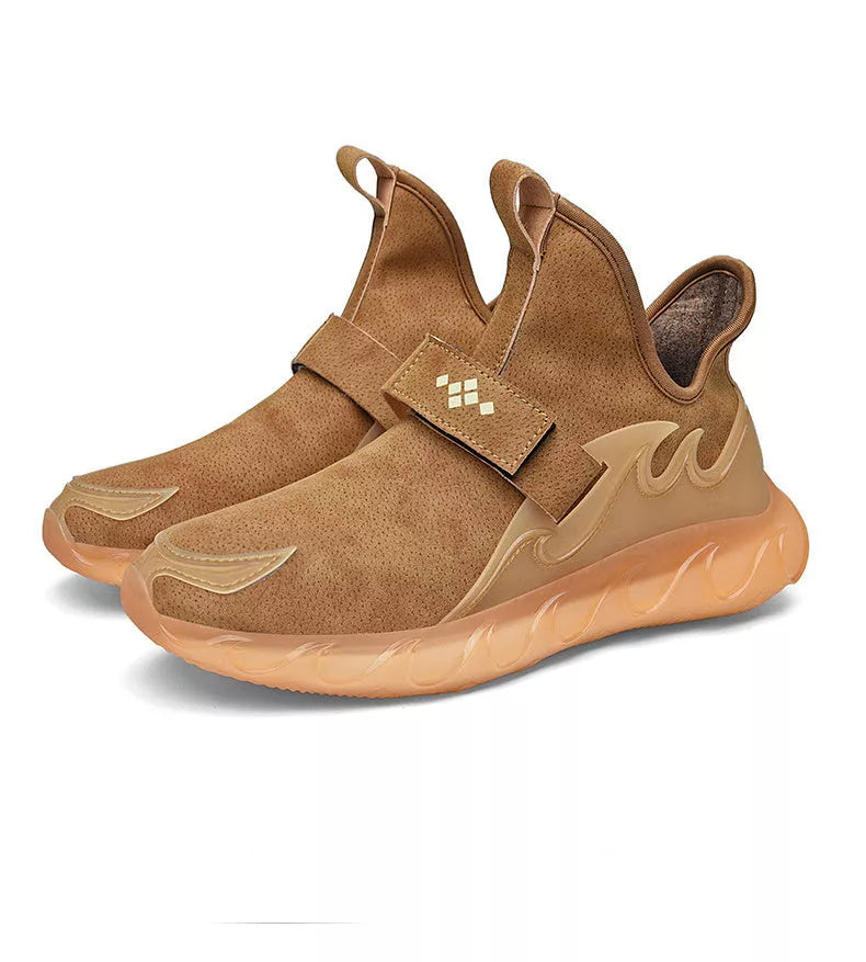 Men's leather sneakers in white, black, and golden sand with Velcro closure