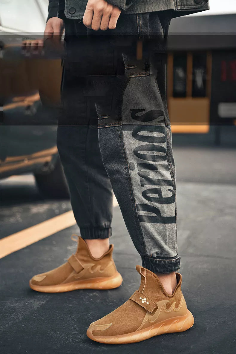 Men's leather sneakers in white, black, and golden sand with Velcro closure