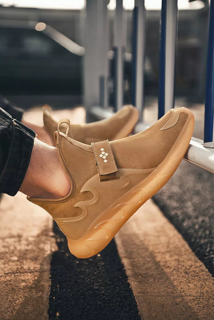 Men's leather sneakers in white, black, and golden sand with Velcro closure