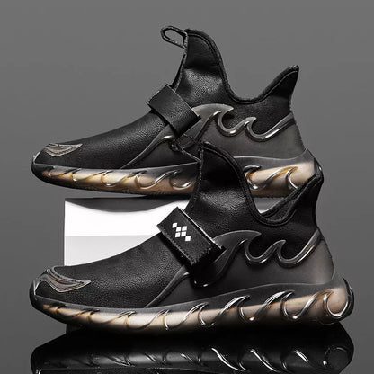 Men's leather sneakers in white, black, and golden sand with Velcro closure