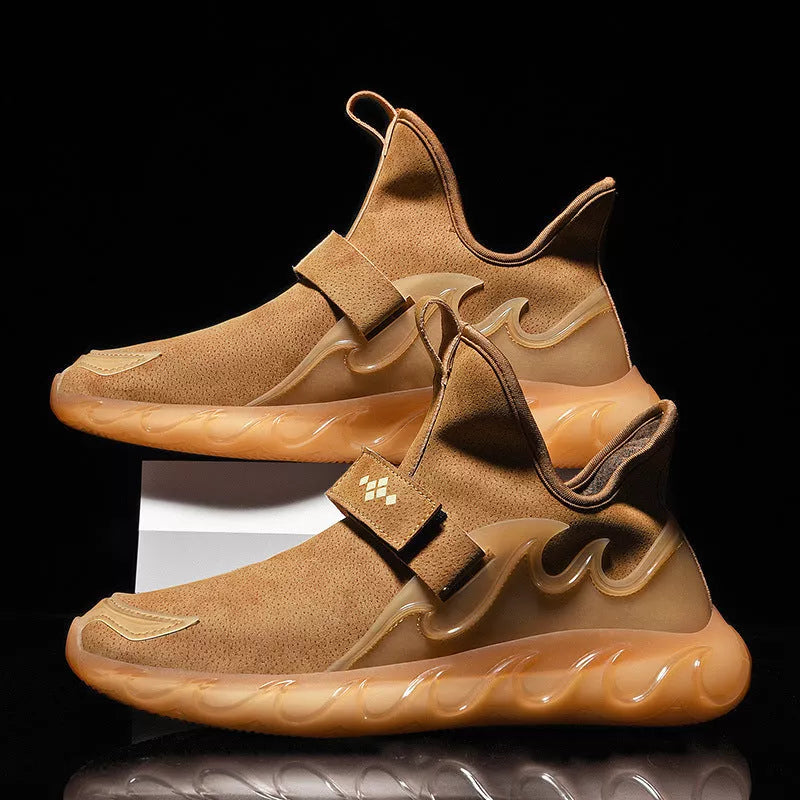 Men's leather sneakers in white, black, and golden sand with Velcro closure