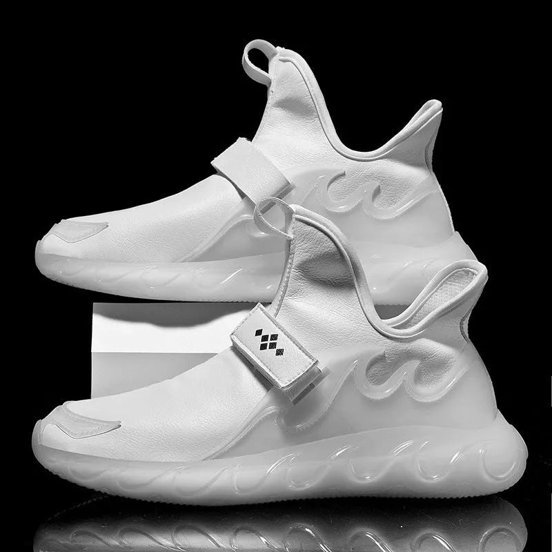 Men's leather sneakers in white, black, and golden sand with Velcro closure