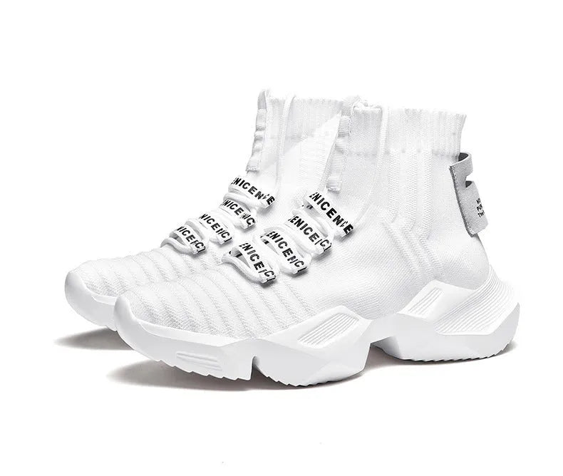 Men's black and white socks-style casual sports shoes with mesh lining, shown in large sizes.
